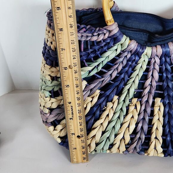 tropical trends purple striped colorful‎ Straw Woven Handbag round Bamboo Handle - Picture 2 of 10